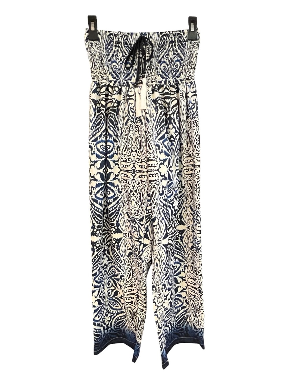 NWOT blue and white geometric print straight leg, smocked waist pants | size M - Picture 3 of 8